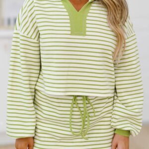Green Stripe Collared V Neck Drop Shoulder Pullover And Skort 2Pcs Outfit