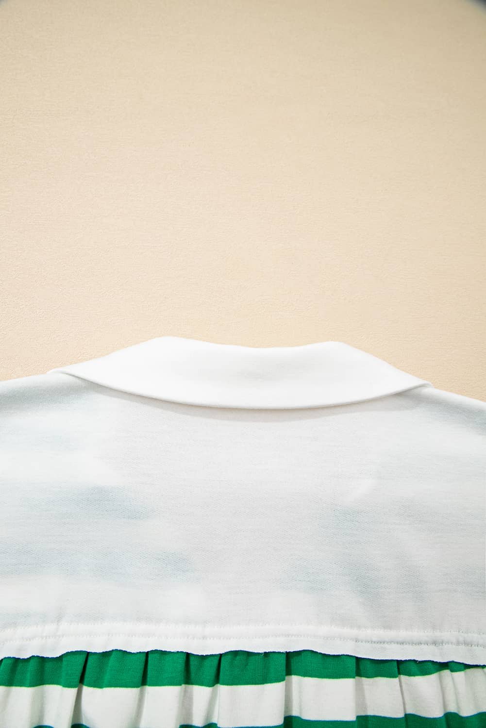Green Stripe Colorblock Collared V Neck Cropped Knit Pullover