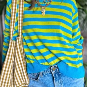 Green Stripe Crew Neck Drop Shoulder Casual Sweater