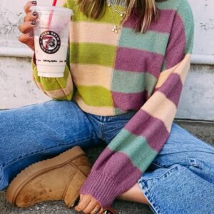 Green Stripe Drop Shoulder Ribbed Edge Casual Sweater