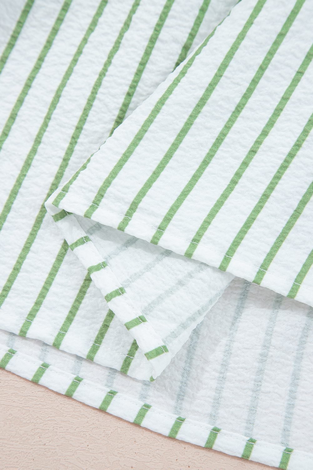 Green Stripe Flower Puff Sleeve Notched V Neck Babydoll Blouse