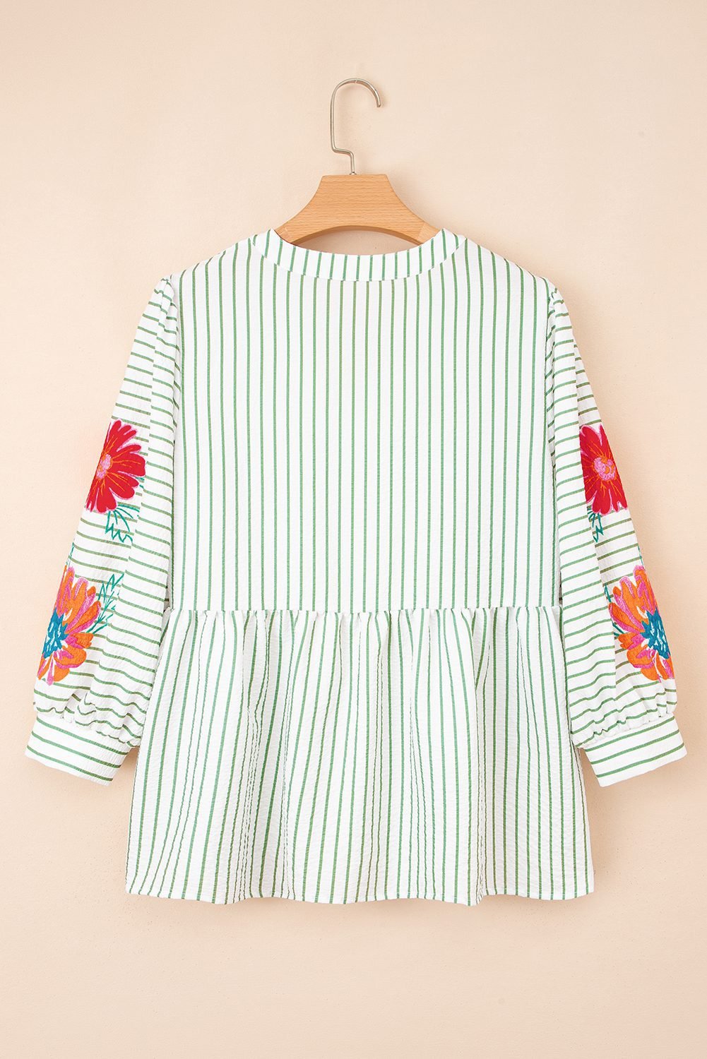 Green Stripe Flower Puff Sleeve Notched V Neck Babydoll Blouse
