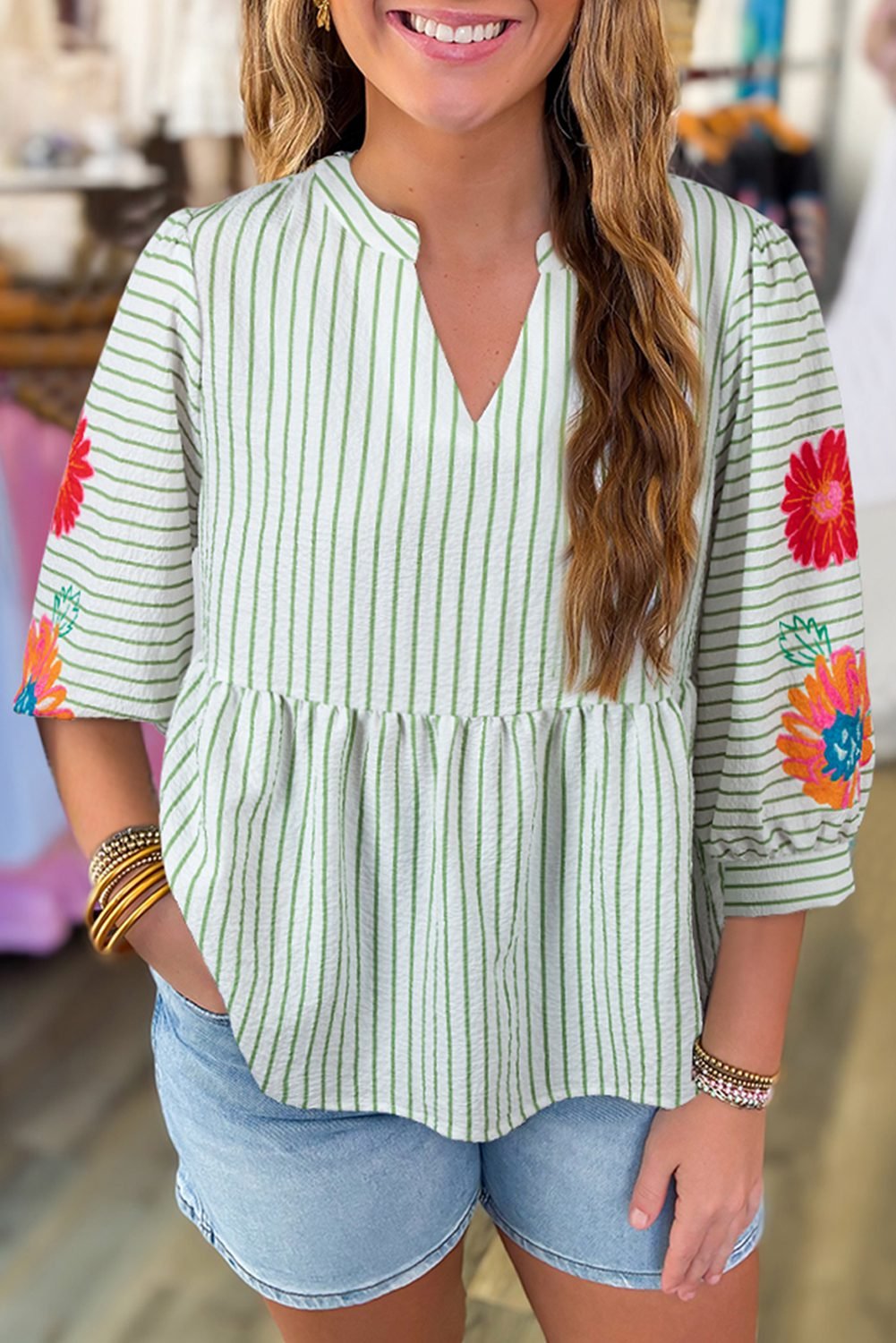 Green Stripe Flower Puff Sleeve Notched V Neck Babydoll Blouse