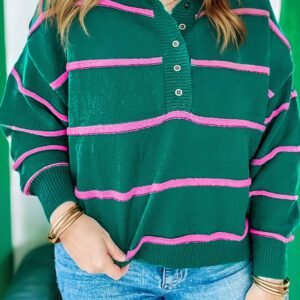 Green Stripe Half Buttons Drop Shoulder Plus Size Sweater
