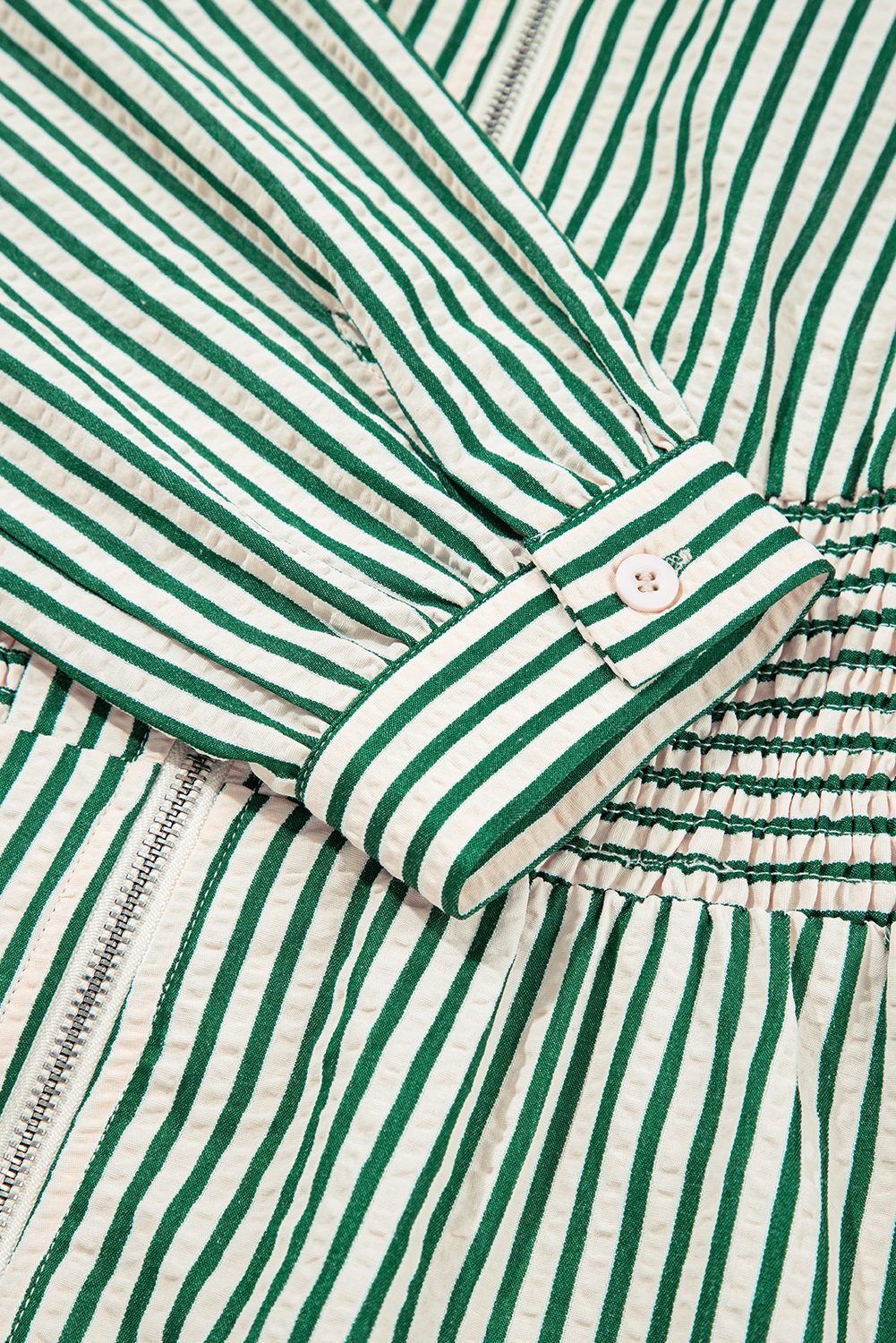 Green Stripe V Neck Zip Front Cinched High Waist Midi Dress