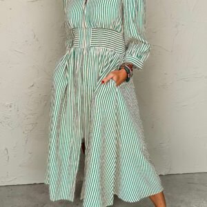 Green Stripe V Neck Zip Front Cinched High Waist Midi Dress