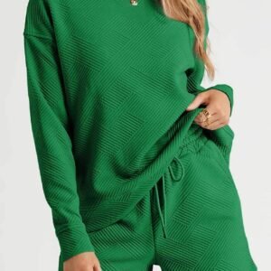 Green Textured Long Sleeve Top And Drawstring Shorts Set
