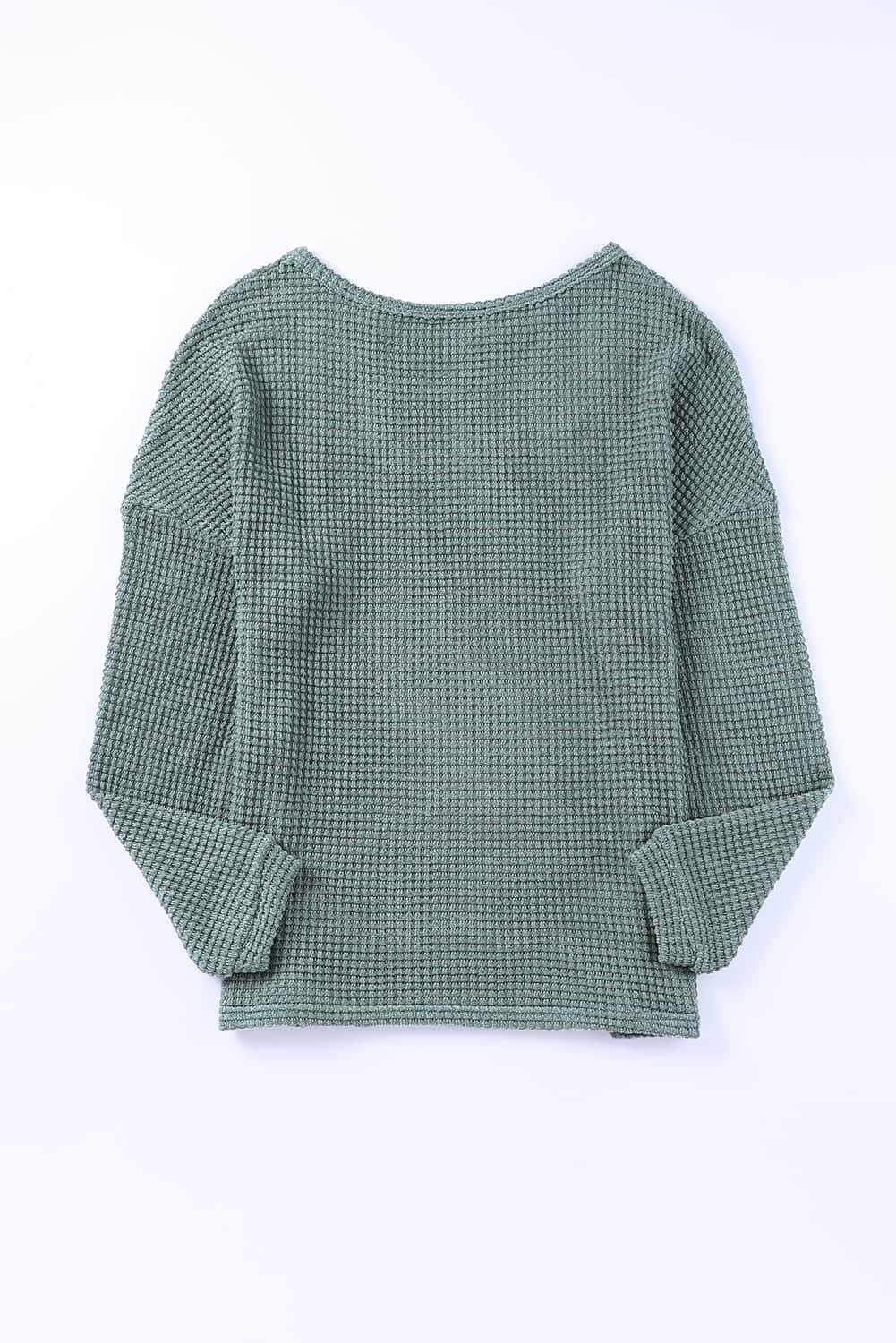 Green Waffle Knit Drop Shoulder Long Sleeve Top