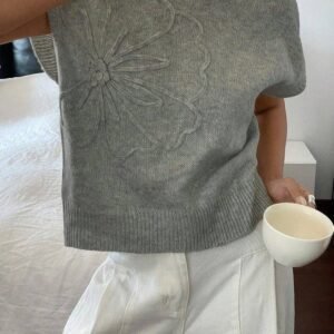 High Flower Pattern Ribbed Trim Short Sleeve Boxy Sweater
