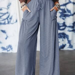 High Frilled Detail Wide Leg High Waist Knit Pants