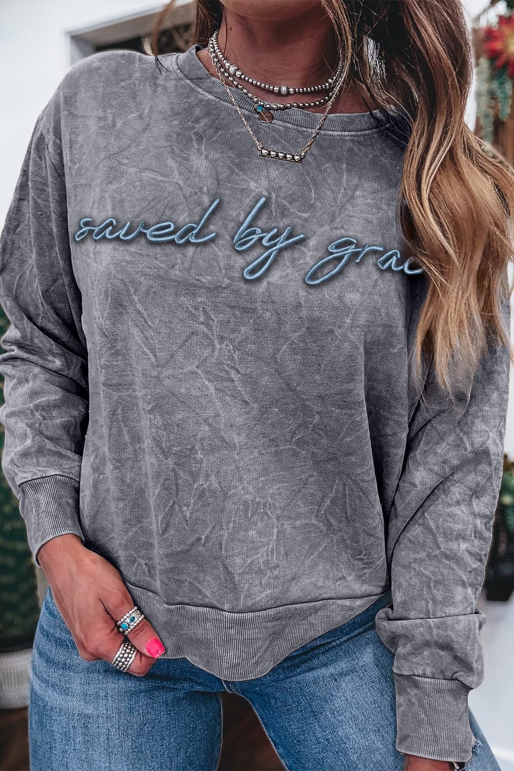 High-Rise Saved By Grace Letter Embroidery Mineral Wash Loose Sweatshirt