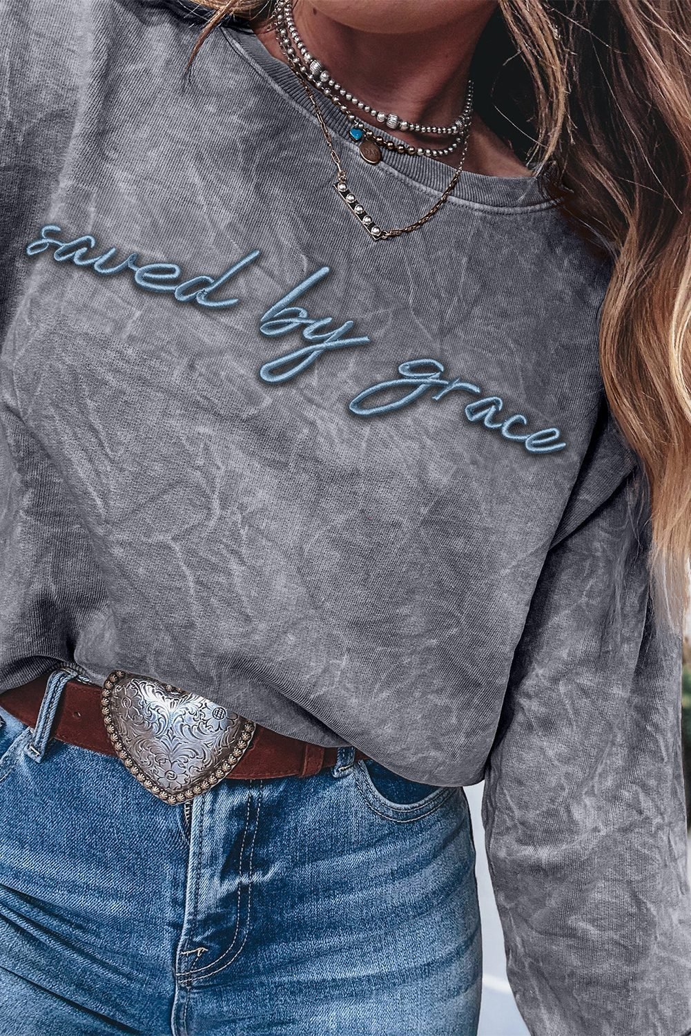 High-Rise Saved By Grace Letter Embroidery Mineral Wash Loose Sweatshirt
