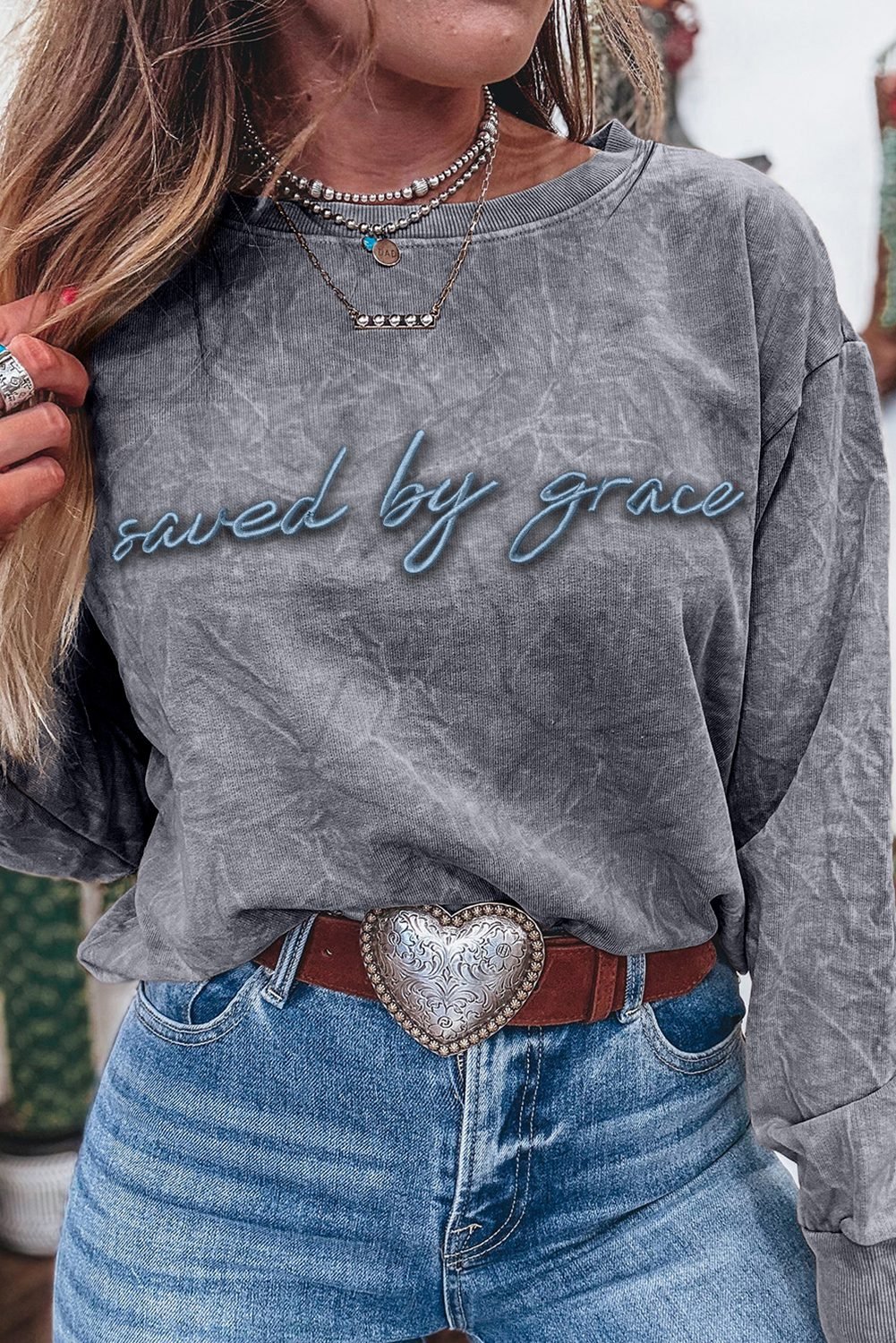 High-Rise Saved By Grace Letter Embroidery Mineral Wash Loose Sweatshirt