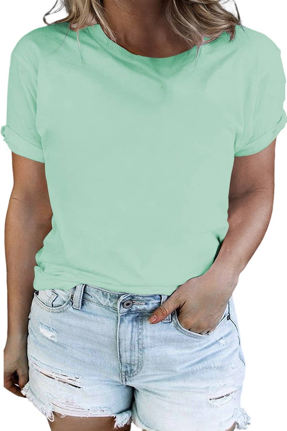 Iceland Blue Round Neck Rolled Sleeve Plus Size T-Shirt
