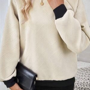 Jet Stream Color Block Edge Raglan Sleeve Crew Neck Textured Top