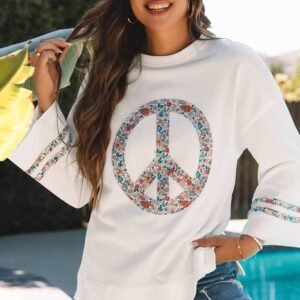 Jet Stream Floral Peace Sign Graphic Drop Shoulder Wide Sleeve Casual Top