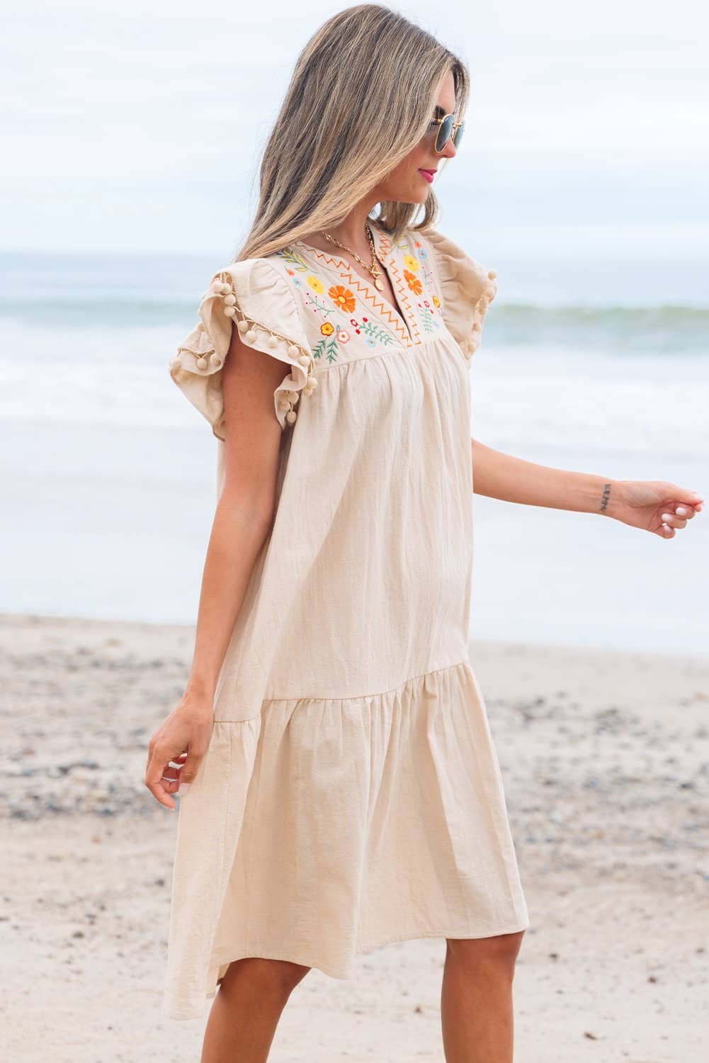Jet Stream Linen Embroidery Split Neck Pom Pom Ruffle Sleeves Flowy Short Dress