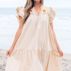 Jet Stream Linen Embroidery Split Neck Pom Pom Ruffle Sleeves Flowy Short Dress