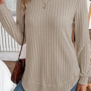 Jet Stream Ribbed Texture Round Neck Long Sleeve Rounded Hem Knit Top