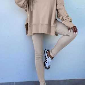 Jet Stream Solid Color Oversize Slit Sweatshirt Ribbed Leggings 2Pcs Set
