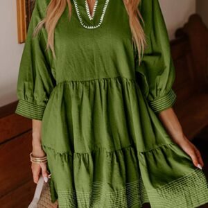 Jungle Green Contrast Stitched V Neck 3/4 Sleeve Tiered Mini Dress