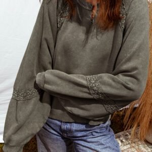 Jungle Green Lace Patchwork Detail Notched Neck Mineral Wash Baggy Sweatshirt
