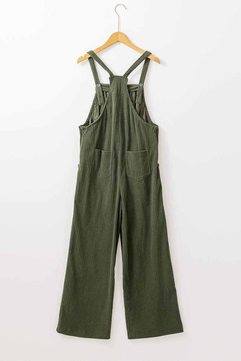 Jungle Green Solid Pocketed Loose Fit Corduroy Overall