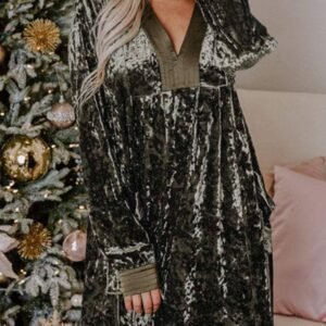 Jungle Green Velvet Long Sleeve V Neck Loose Dress With Pockets