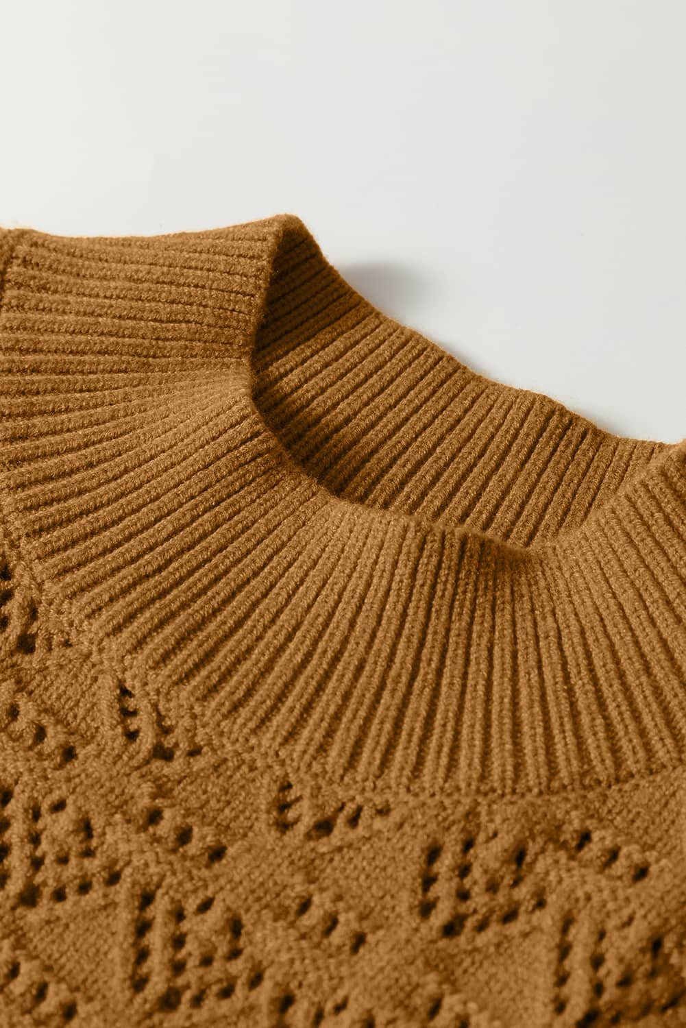 Jurassic Gold Hollow Out Crochet Ribbed Edge Balloon Sleeve Sweater