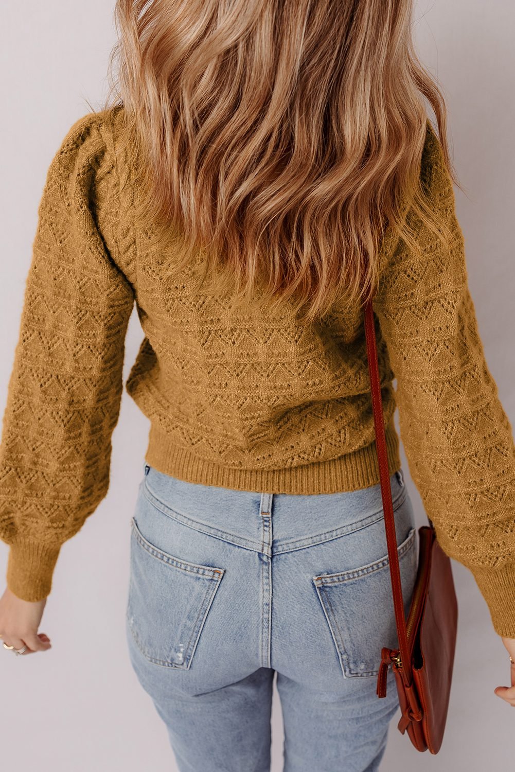 Jurassic Gold Hollow Out Crochet Ribbed Edge Balloon Sleeve Sweater