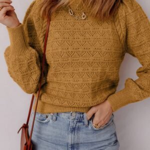 Jurassic Gold Hollow Out Crochet Ribbed Edge Balloon Sleeve Sweater