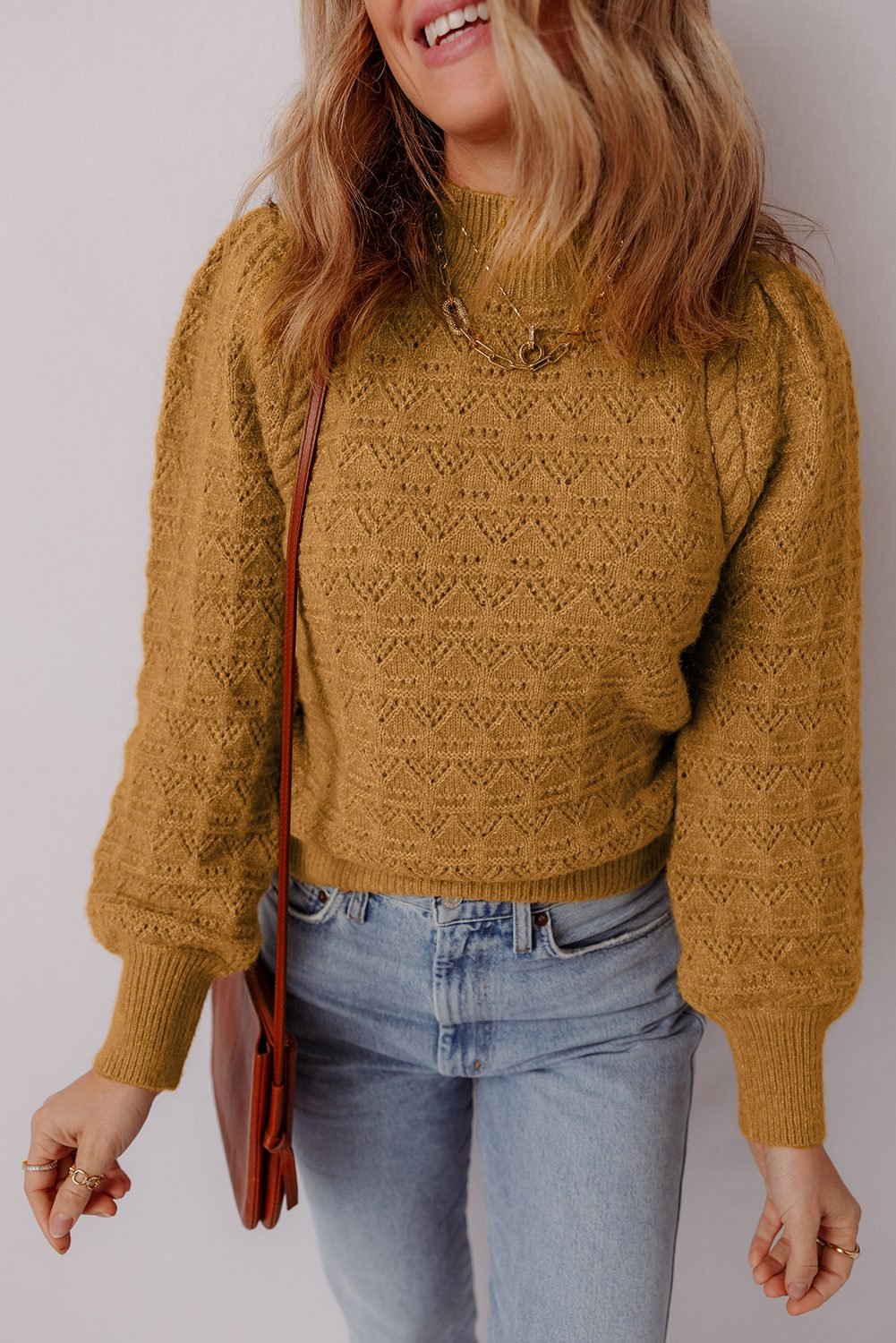 Jurassic Gold Hollow Out Crochet Ribbed Edge Balloon Sleeve Sweater