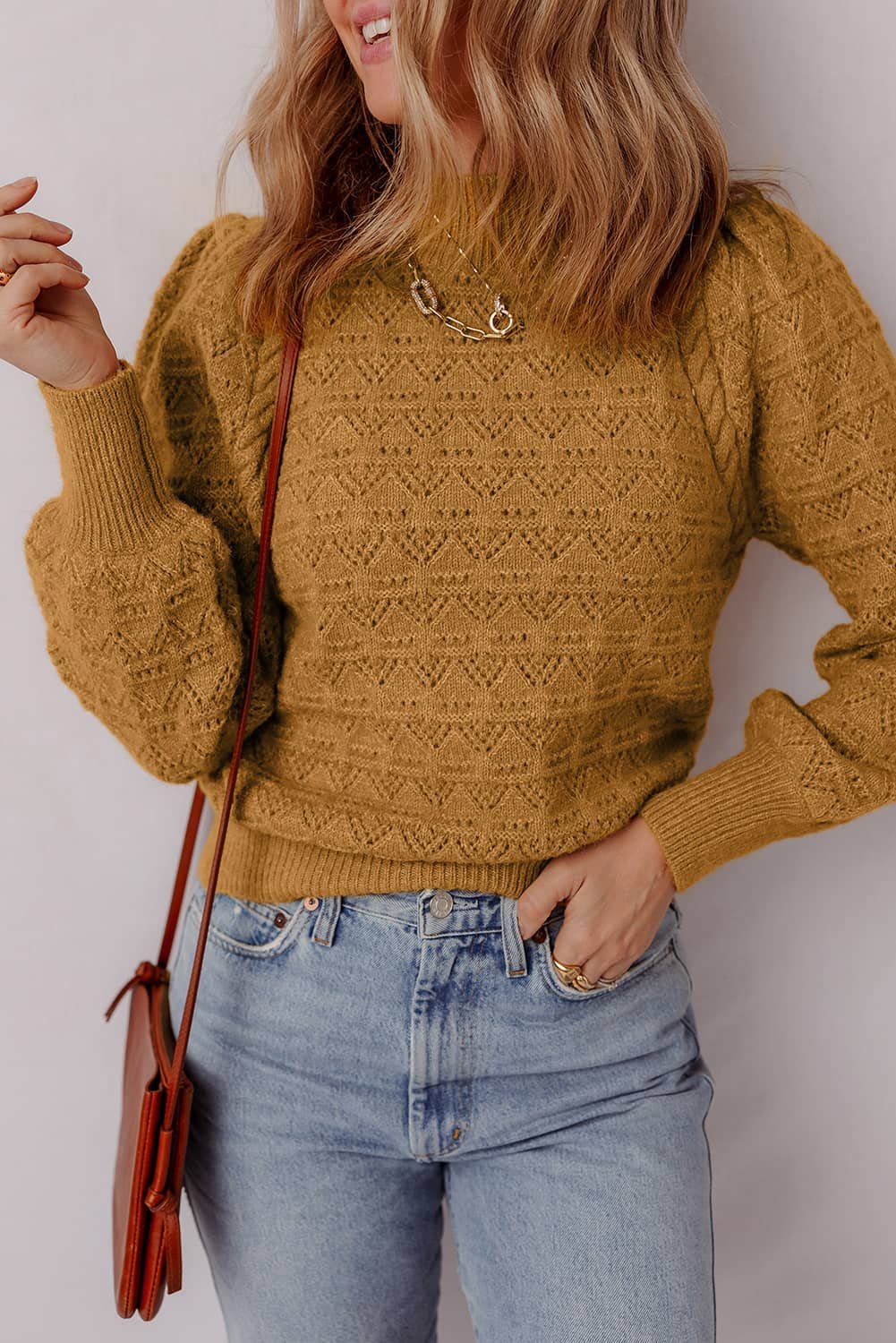 Jurassic Gold Hollow Out Crochet Ribbed Edge Balloon Sleeve Sweater