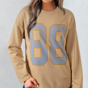 Khaki 88 Number Graphic Drawstring Hemline Oversize Long Sleeve Top