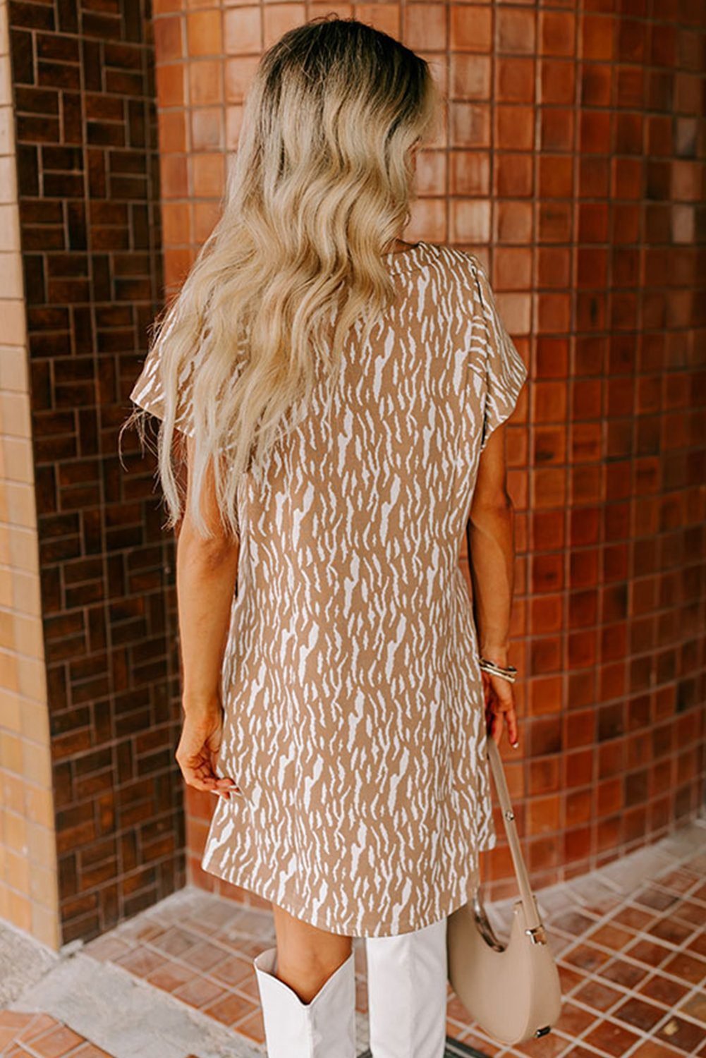 Khaki Abstract Print V Neck Short Sleeve Shift T Shirt Dress