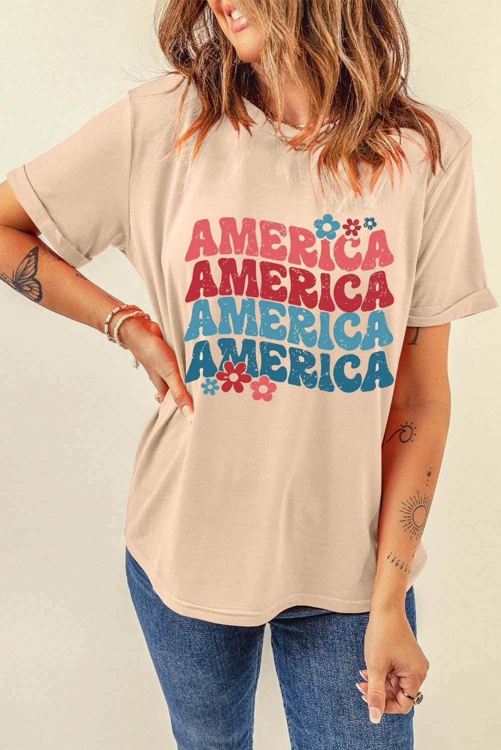 Khaki America Letter Floral Print T Shirt
