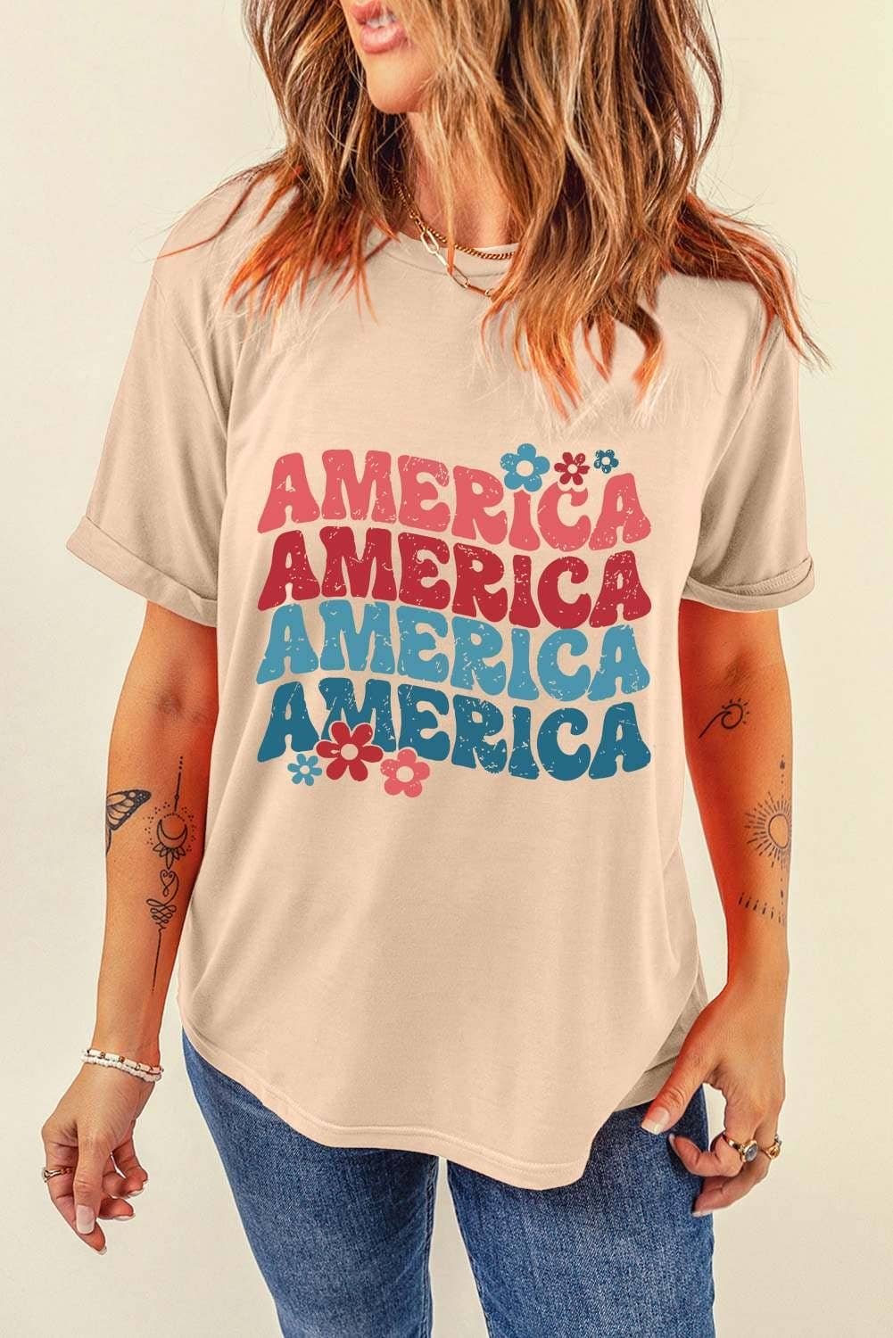 Khaki America Letter Floral Print T Shirt
