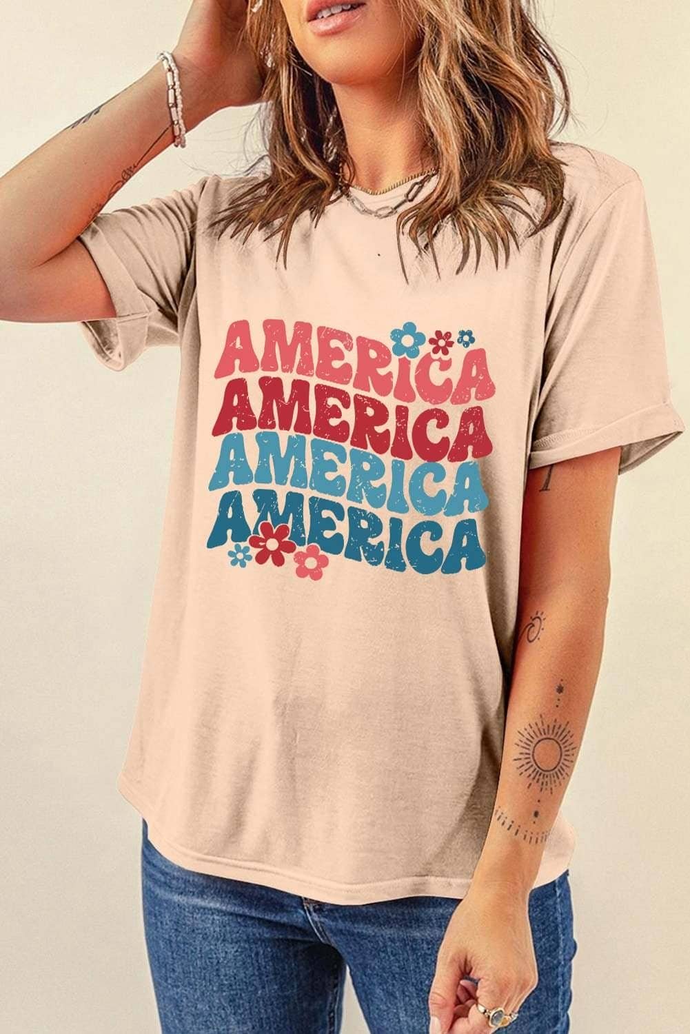 Khaki America Letter Floral Print T Shirt