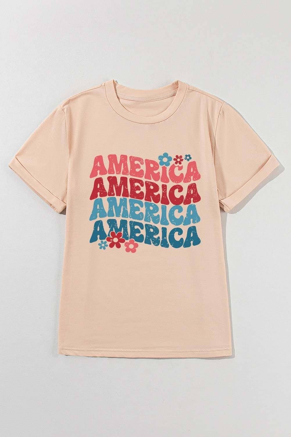 Khaki America Letter Floral Print T Shirt