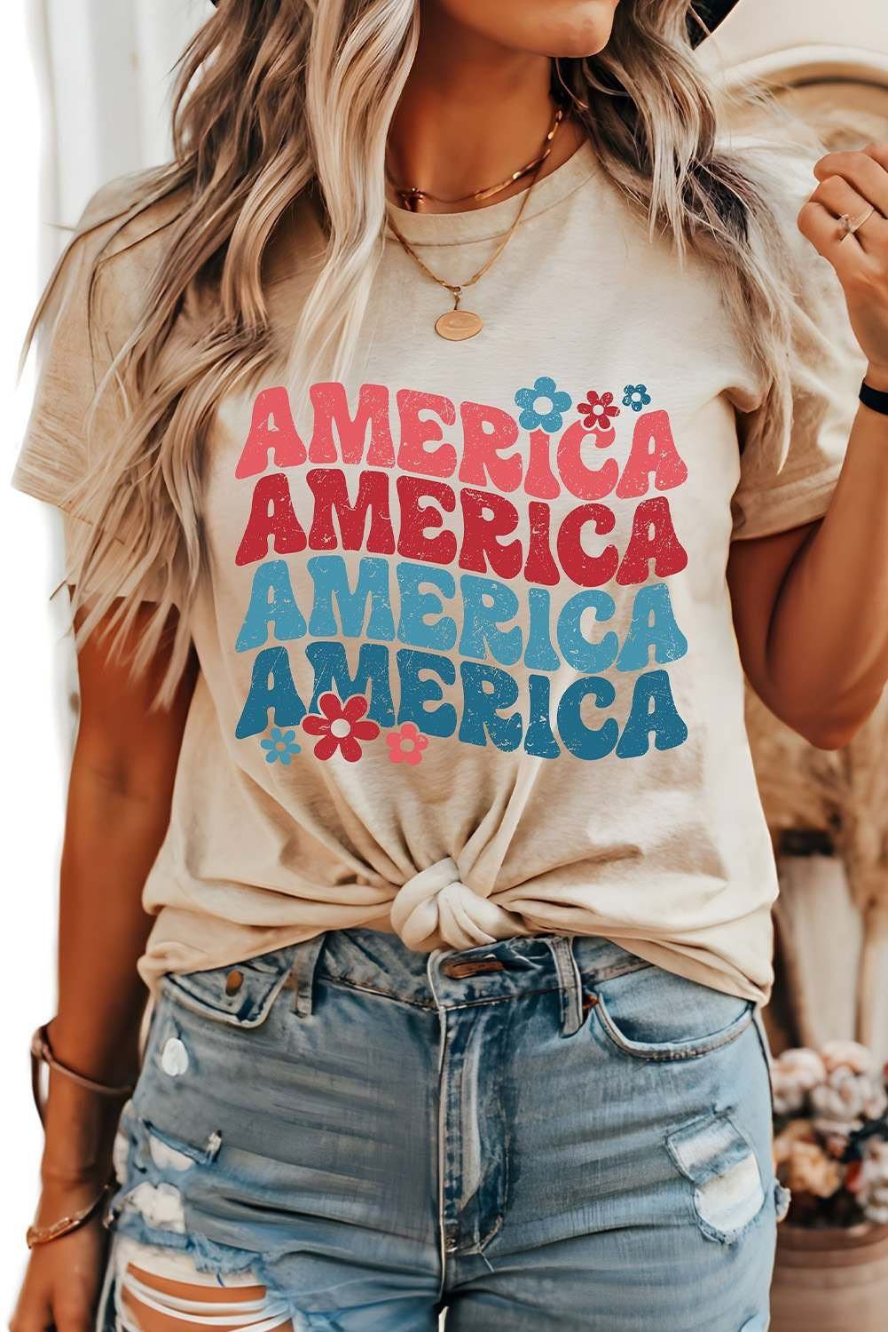 Khaki America Letter Floral Print T Shirt