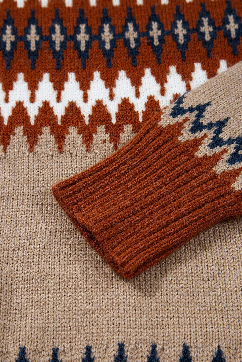 Khaki Aztec Print Colorblock Crew Neck Sweater