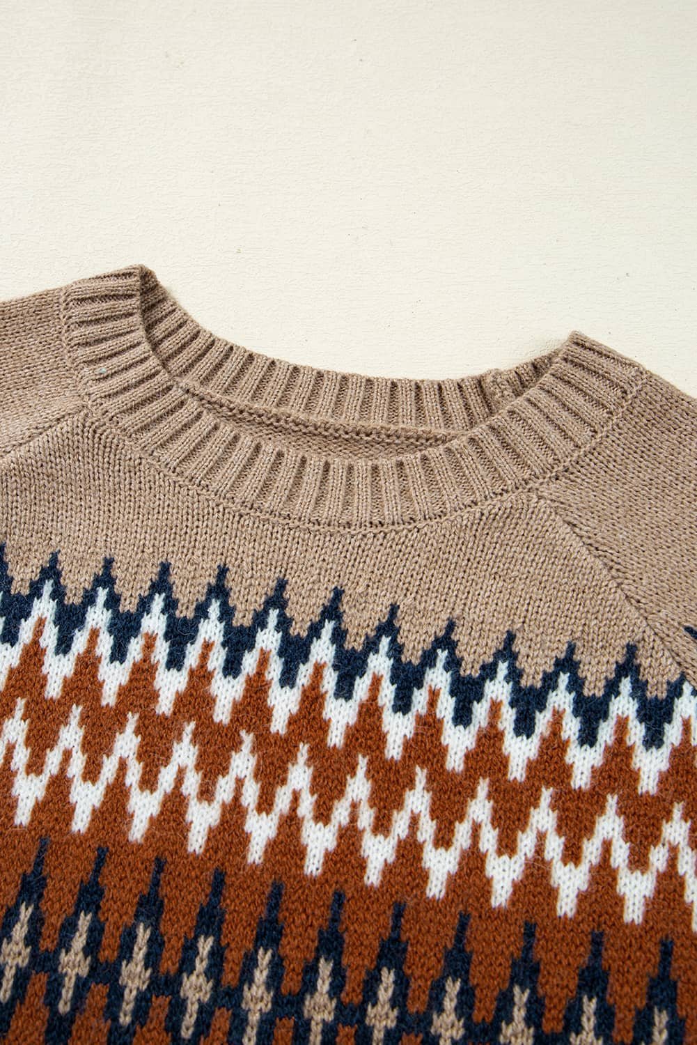 Khaki Aztec Print Colorblock Crew Neck Sweater