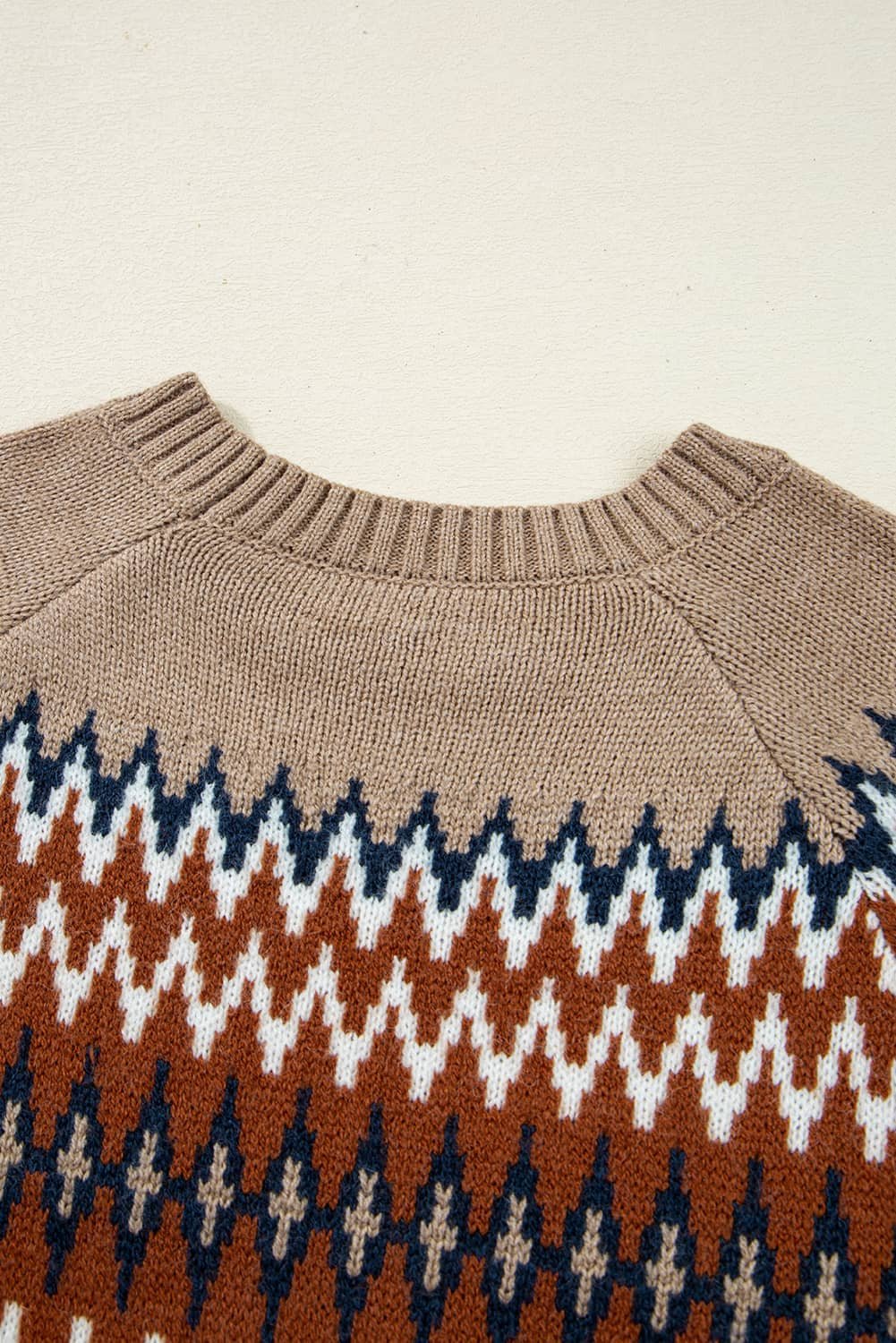 Khaki Aztec Print Colorblock Crew Neck Sweater