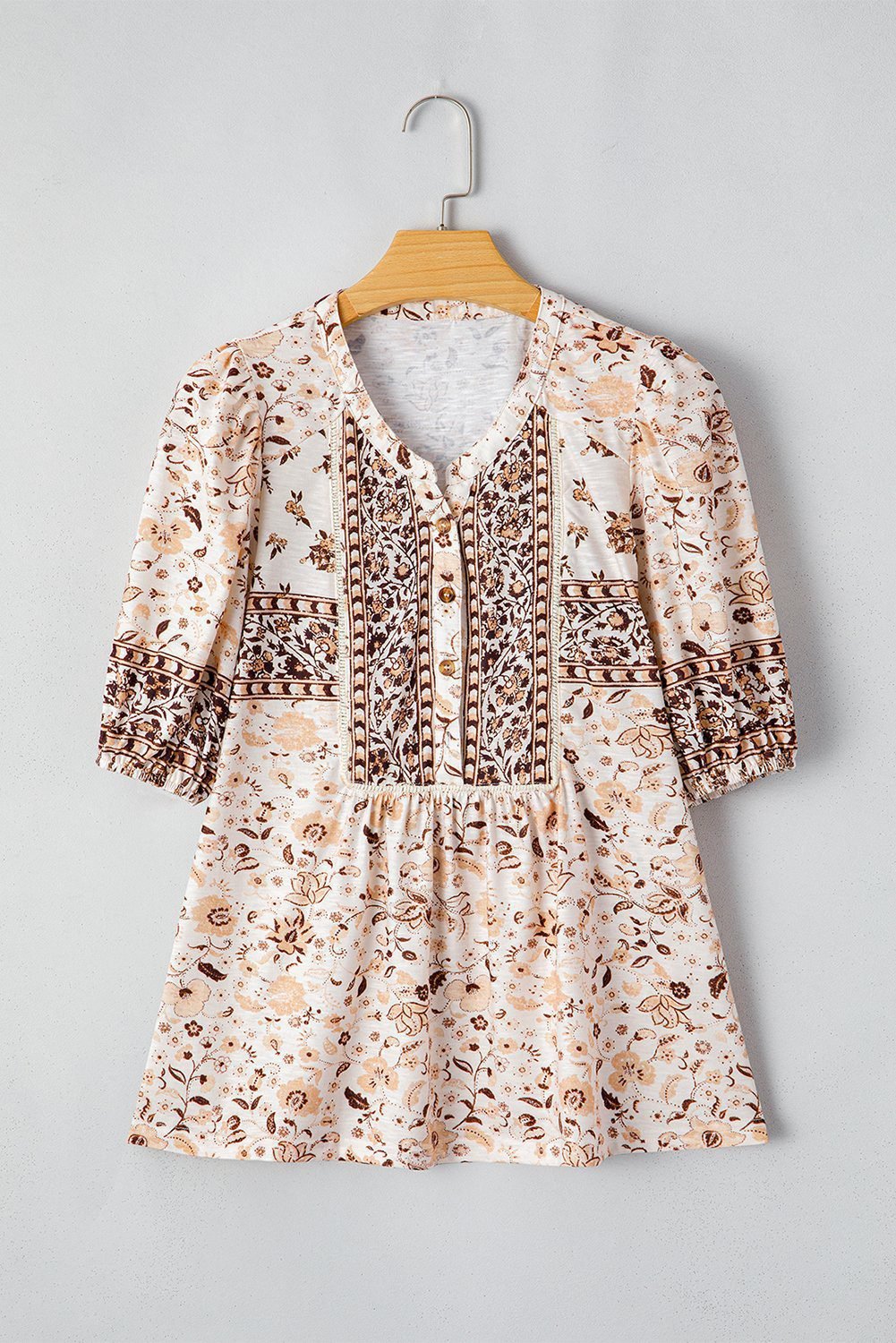 Khaki Boho Floral Print Half Placket Short Sleeve Loose Blouse