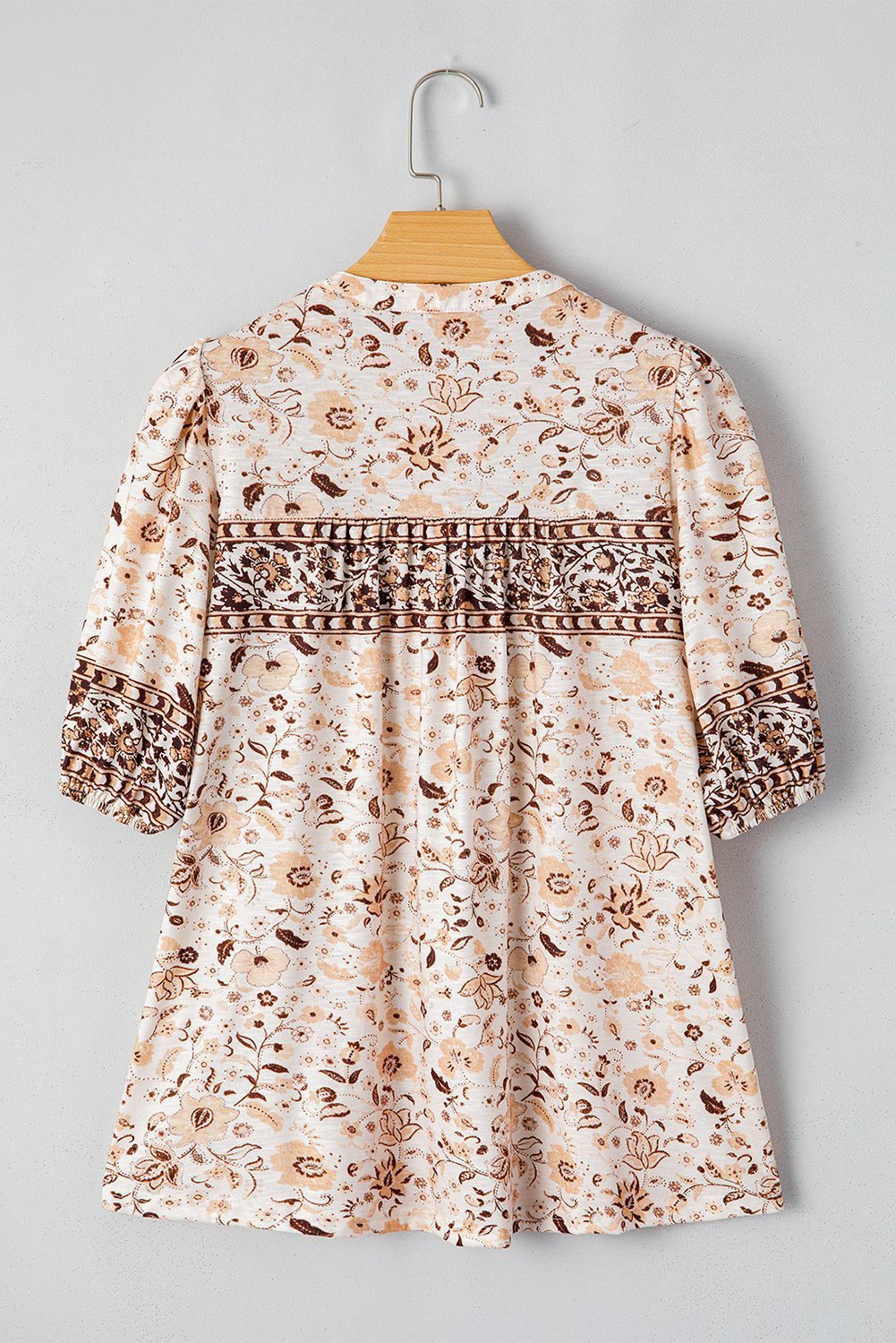 Khaki Boho Floral Print Half Placket Short Sleeve Loose Blouse