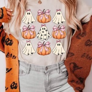 Khaki Bowknot Ghost Pumpkin Graphic Halloween T Shirt