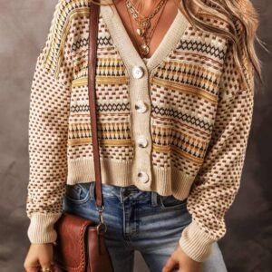 Khaki Buttoned V Neck Cropped Cardigan