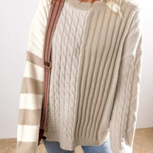 Khaki Cable Knit Colorblock Crew Neck Drop Shoulder Sweater