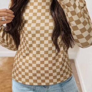 Khaki Check Pattern Turtleneck Ribbed Slim Long Sleeve Tee
