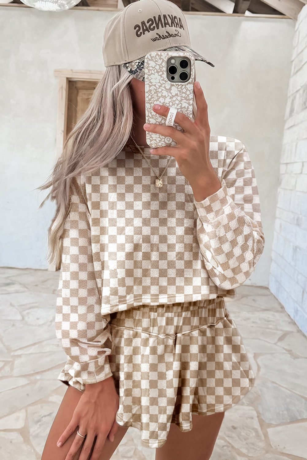 Khaki Checkered Long Sleeve Crop Top High Waist Skort 2Pcs Set